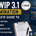 CSWIP 3.1 Examination blog thumbnail featuring bold text about exam pattern, syllabus, preparation tips, and practice questions, with a welding helmet, CSWIP study book, clipboard checklist, and industrial background.