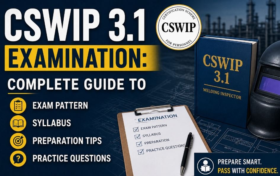 CSWIP 3.1 Examination blog thumbnail featuring bold text about exam pattern, syllabus, preparation tips, and practice questions, with a welding helmet, CSWIP study book, clipboard checklist, and industrial background.